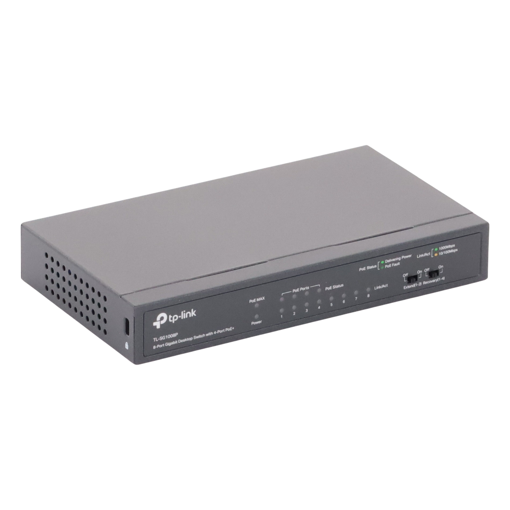 Switch Gigabit PoE+ no administrable de 8 puertos 10/100/1000 Mbps, solo 4 puertos PoE, para escritorio