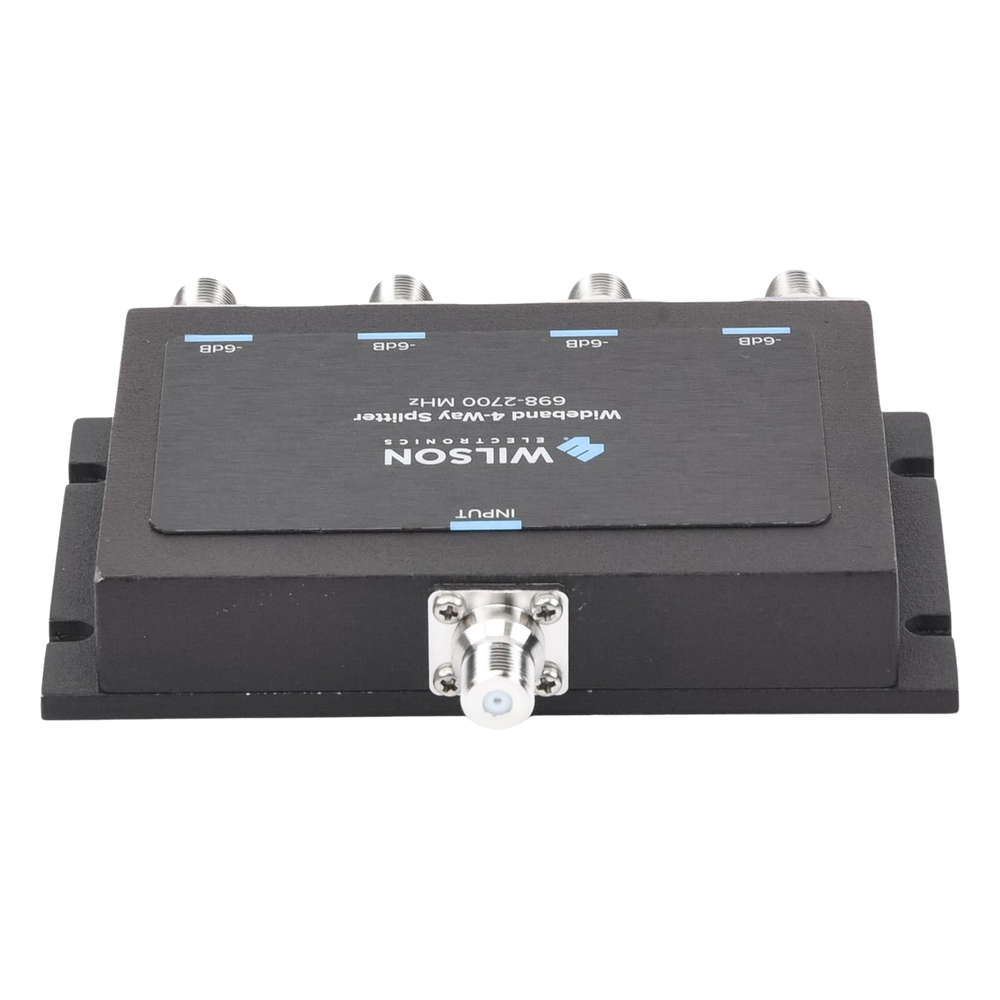 Divisor de potencia de 4 vías para la distribución de señal a dos antenas de servicio | 6 dB de pérdida por puerto | Conectores F hembra