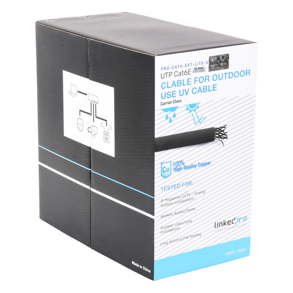 Bobina de Cable 305 Metros (1000 Pies) Cat6, 24 AWG, Climas Extremos, Color Negro, Sin Blindar, para Intemperie