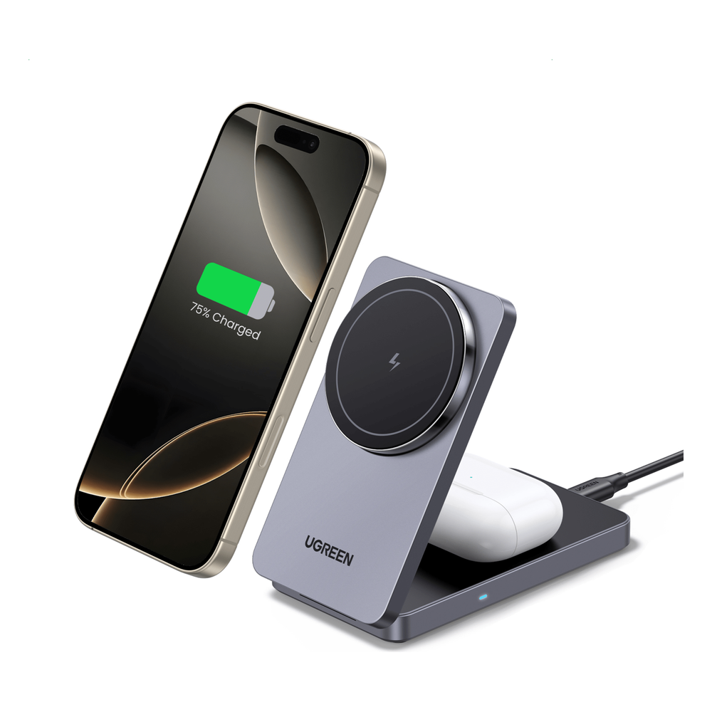 Cargador Inalámbrico 2 en 1 20W / Tecnología Qi2 15W Certificada / Carga Simultánea iPhone y AirPods / Ángulo Ajustable 70° / Diseño Plegable y Portátil / Compatibilidad Universal