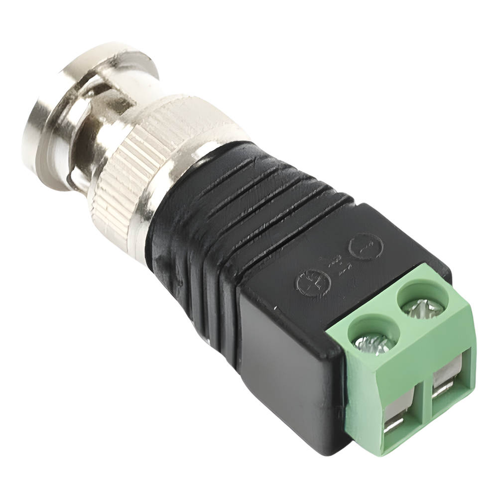 Adaptador de conector BNC macho a 2 terminales-tornillo para cables AWG-26-14, en aplicaciones Video Vigilancia, Níquel/ Oro/  PTFE y PVC.