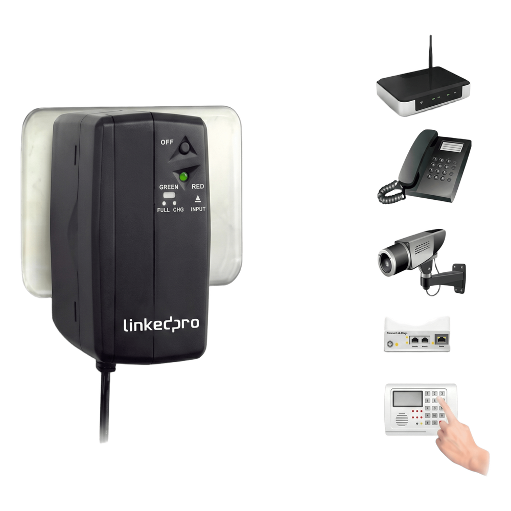 UPS de CD 25 W / Entrada 120 Vca / Salida 12 Vcd / Clavija NEMA 5-15P de entrada / Batería de Litio