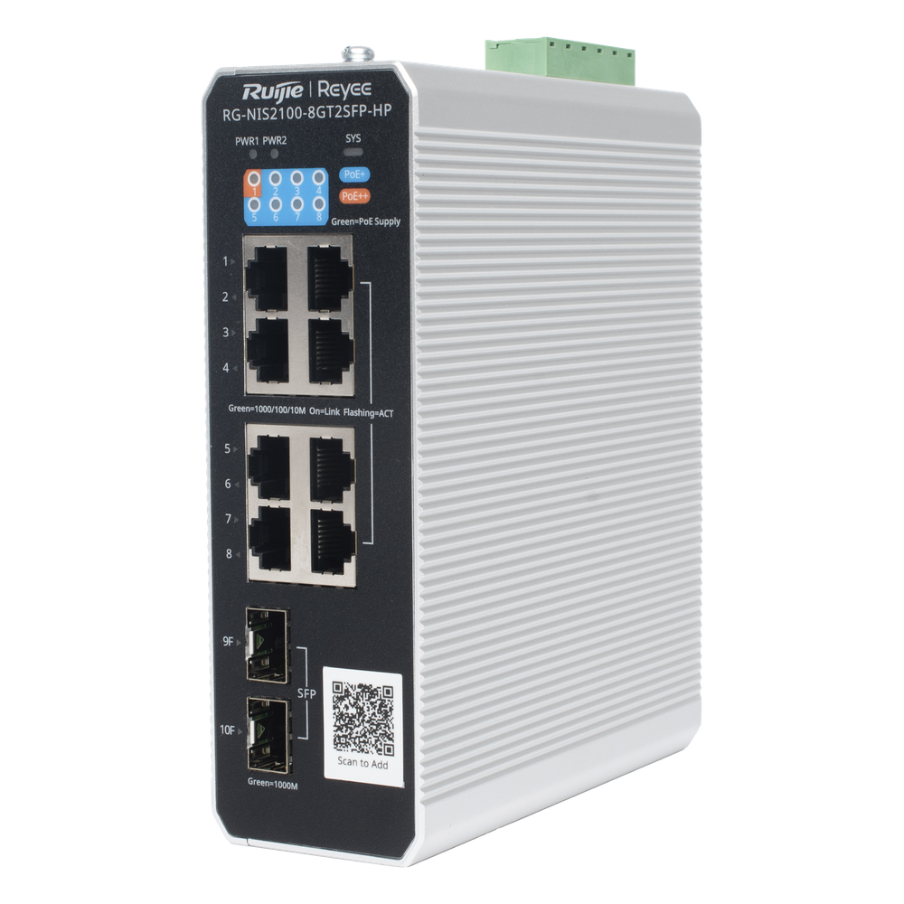Switch Industrial PoE+ hasta 300 watts , Ideal para temperaturas Extremas y protección contra descargas, 1 puerto PoE++ 60W y 7 puertos PoE+ 30W, 2 SFP Uplink