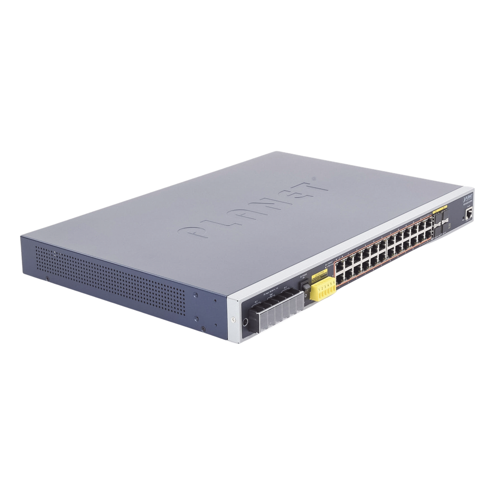 Switch PoE Industrial Capa 3, Con 24 Puertos PoE Gigabit  802.3af/at, 4 Puertos SFP Compartidos 100 / 1000X, Soporta temperaturas extremas de -40 ~ 75°C