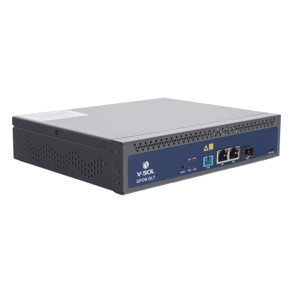OLT de 1 puerto GPON SC/UPC + 3 puertos Uplink (2 puertos Gigabit Ethernet + 1 puerto SFP/SFP+), Fuente de alimentación redundante AC/DC , hasta 128 ONUS