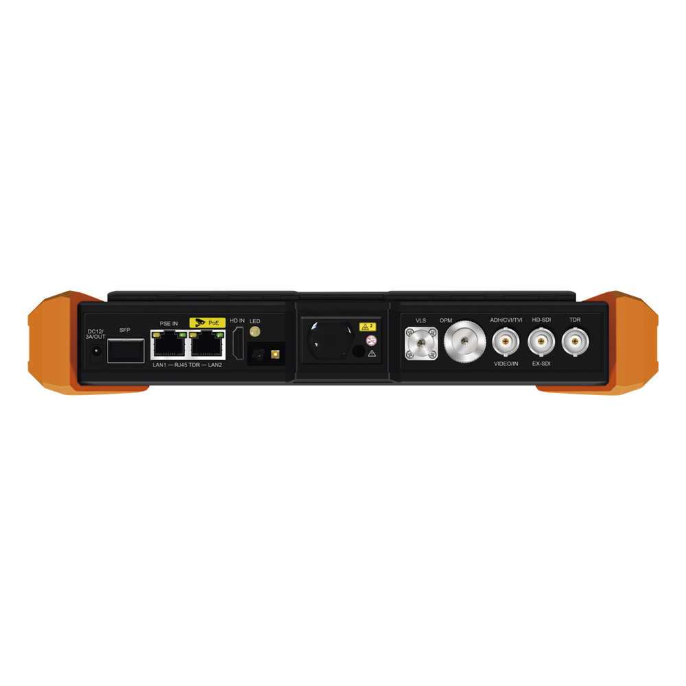 Probador de Vídeo con Pantalla LCD de 7" para IP ONVIF / 8MP TVI + 8MP CVI + 8MP AHD + SDI/EXâ€SDI + Multímetro + Cable TDR / Prueba de Red de Fibra Óptica + Medidor de Distancia Laser + Cámara Integrada