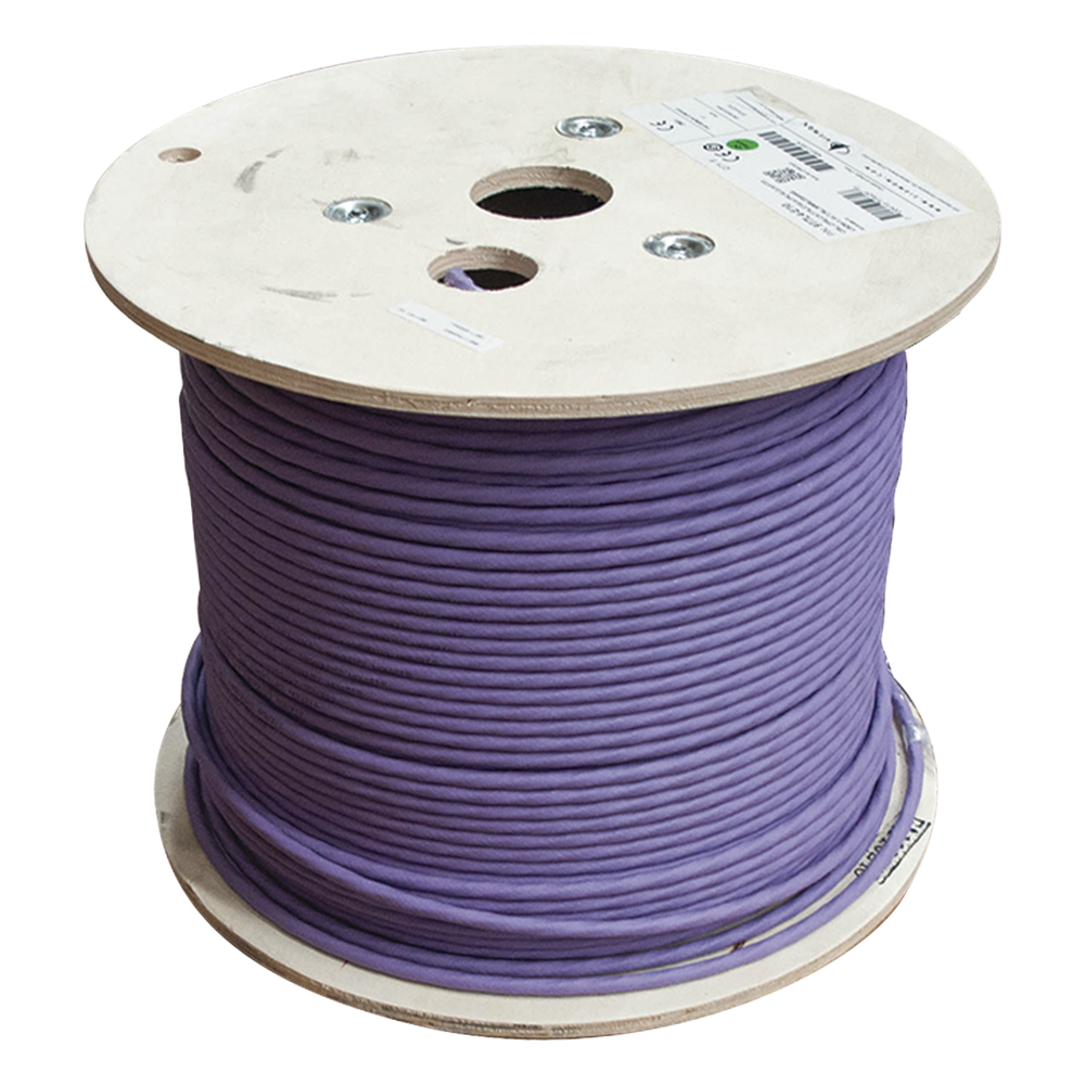 Bobina de Cable Blindado S/FTP de 4 Pares, Cat7A, Inmune a Ruido e Interferencias, LS0H (Bajo Humo, Cero Halógenos), Color Violeta, 305 Metros (1000 Pies)