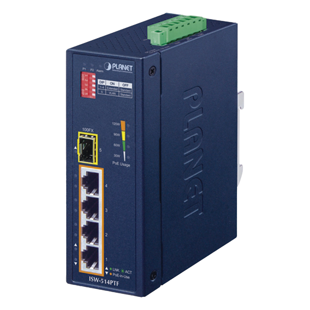 Switch industrial, Temperatura de Operación: -40 a 75ºC, 4 puertos PoE 10/100 + 1 Puerto 100Base-FX
