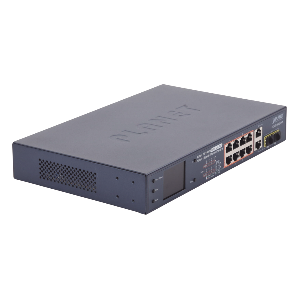 Switch PoE+ / Distancia 250 Metros / 8 Puertos + 2 Combo TP/SFP Gigabit y Pantalla LCD Para Monitoreo