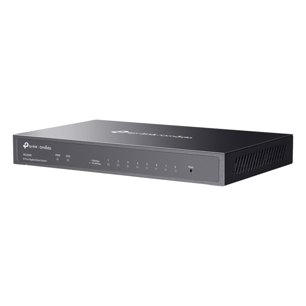 Switch Administrado Gigabit 8 Puertos / Omada SDN / 16 Gbps Capacidad Switching / Gestión Cloud y Local / VLAN / QoS / ACL / Sin Ventiladores / Montaje Pared-Escritorio