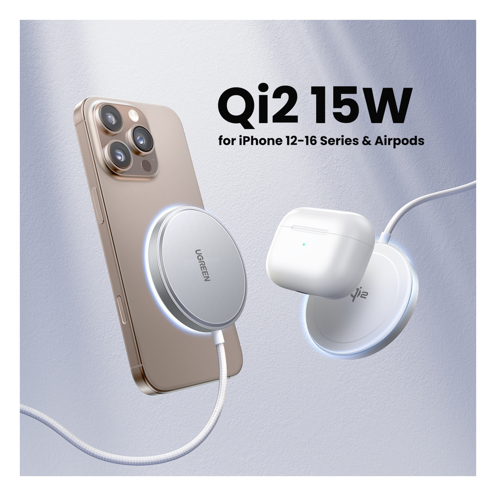Cargador Inalámbrico Magnético 15W / Protocolo Qi 2 / USB-C 9V 2.2A / Eficiencia 83% / Protección Multinivel / Material PC+ABS+Aleación Aluminio / Cable 1.5m