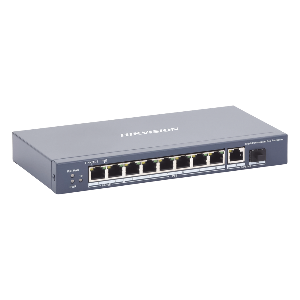 Switch PoE+ / No Administrable / 7 Puertos 1000 Mbps 802.3 af/at (30 W) / 2 Puertos 1000 Mbps Hi-PoE (90 W) / 1 Puertos 1000 Mbps Uplink / 1 Puerto SFP / Modo Extendido hasta 300 Metros / 110 Watts
