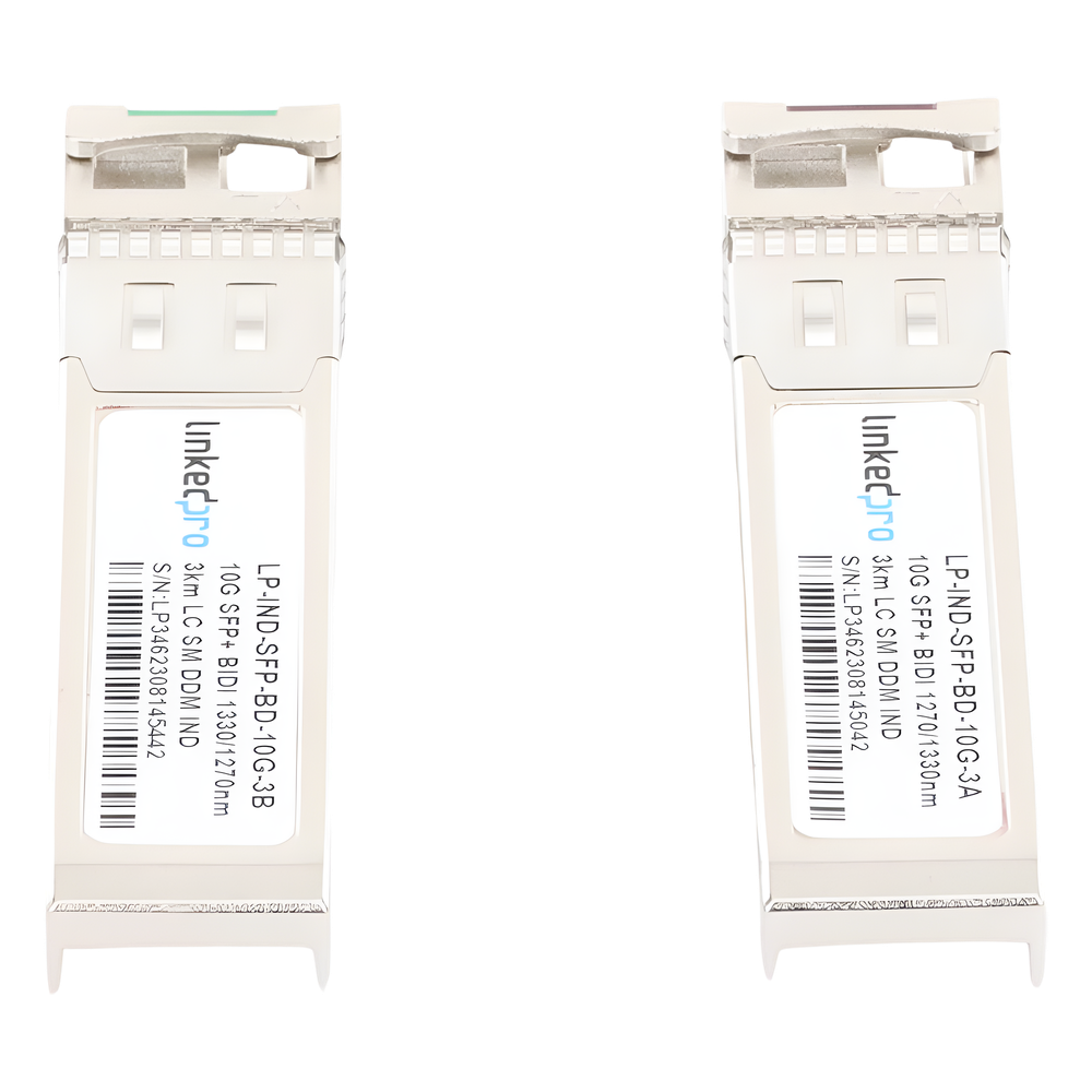 Transceptores Ópticos Industriales Bidireccionales SFP+ (Mini-Gbic) / Monomodo 1270 & 1330 nm / 10 Gbps / 10GBASE / Conector LC/UPC Simplex / DDM / Hasta 3 km / 2 Piezas