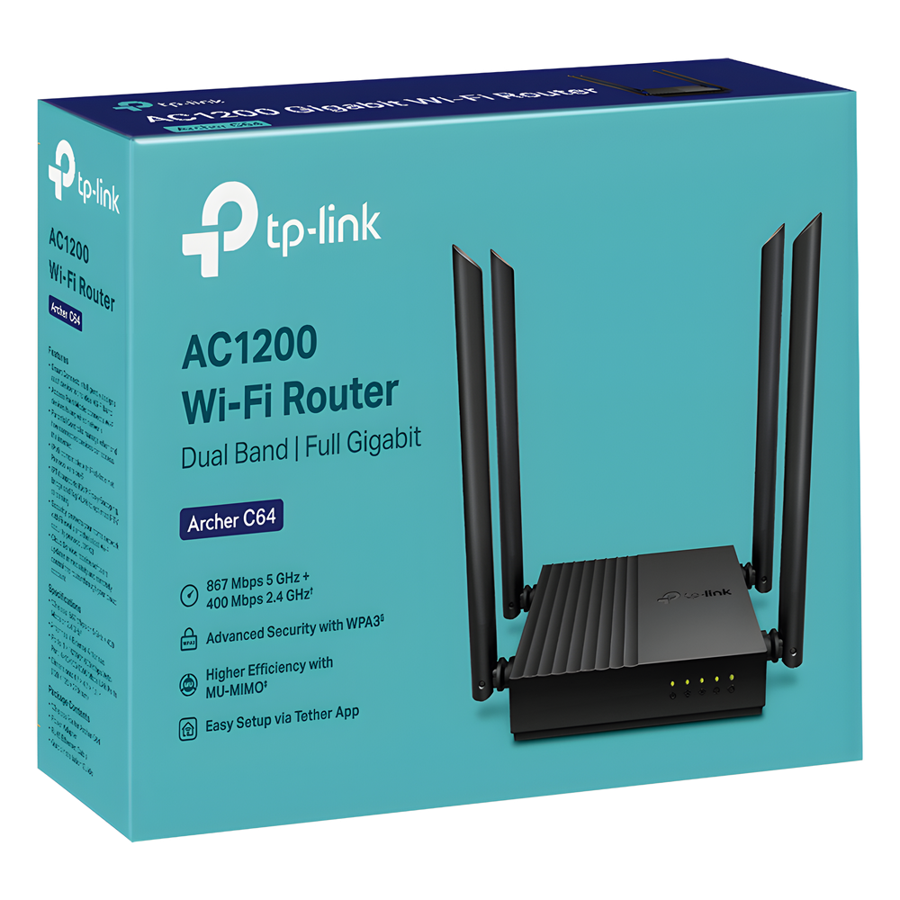 Router Inalámbrico AC 1200 / Doble Banda MU-MIMO / 1 puerto WAN 10/100/1000 Mbps / 4 puertos LAN 10/100/1000 Mbps / Compatible con EasyMesh / Administración Web o App Tether