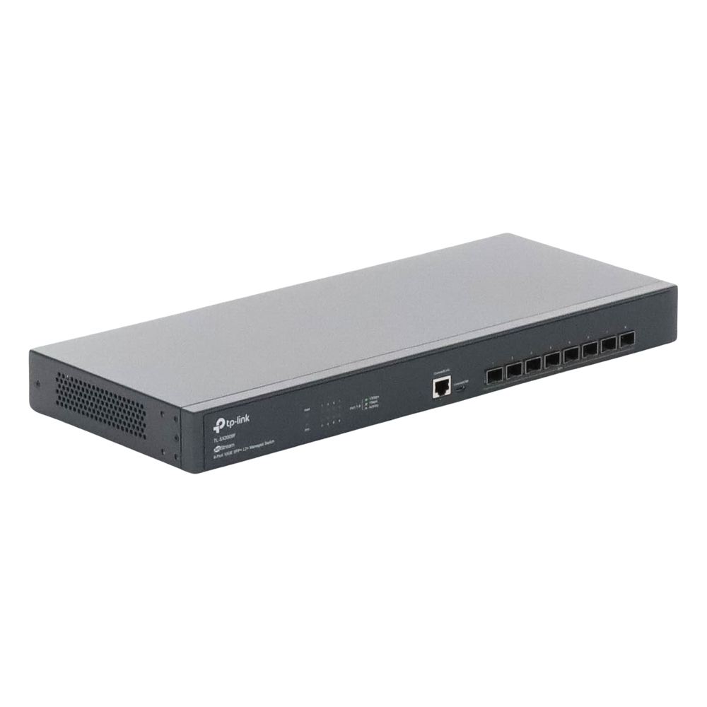 Switch Fibra Óptica L2+ Omada / 8 Puertos SFP+ 10G /  2 Puertos Consola (RJ45 y micro-USB) / Administración Centralizada Omada o Stand-Alone / Multicast IGMP / Calidad de Servicio / Montaje en Rack / Silencioso (sin ventiladores)
