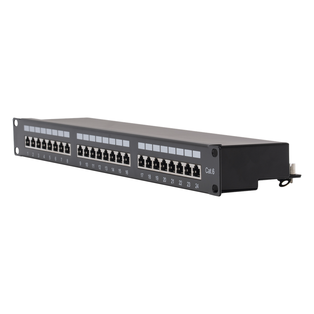 Panel de Parcheo de Impacto (110) Blindado (STP) de 24 Puertos Cat6, 19 Pulgadas