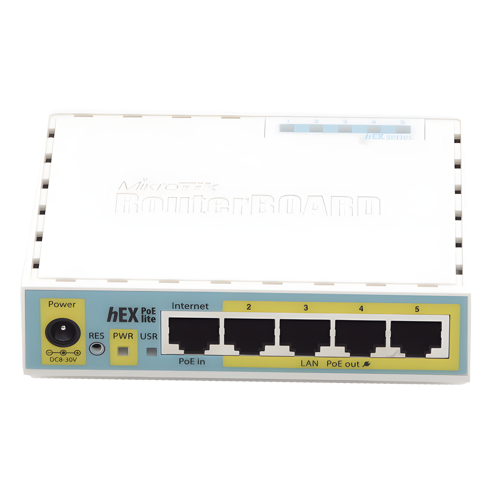 (hEX PoE LITE) RouterBoard, 5 Puertos Fast Ethernet, 4 con PoE Pasivo, 1 Puerto USB