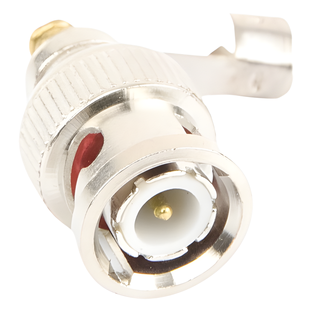 Conector BNC macho en 75 Ohm, para cable coaxial RG-59 / Con base de alivio negra de PVC, Níquel/ Oro/ PTFE.