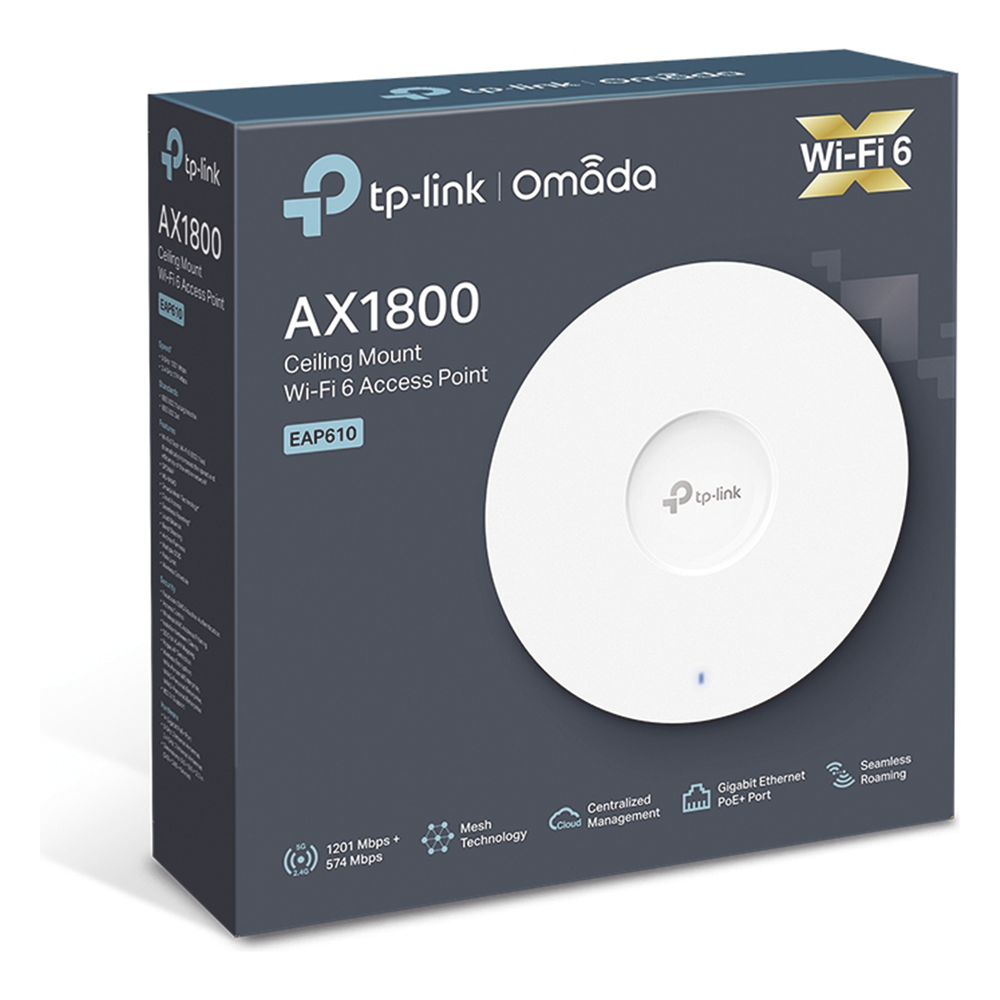 Punto de Acceso Omada / Wi-Fi 6 AX1800 MU-MIMO 2x2 / Mesh Omada / Alta Densidad de Usuarios / Configuración por Controlador o Stand-Alone / Para Montaje en Techo/pared / Alimentación PoE+
