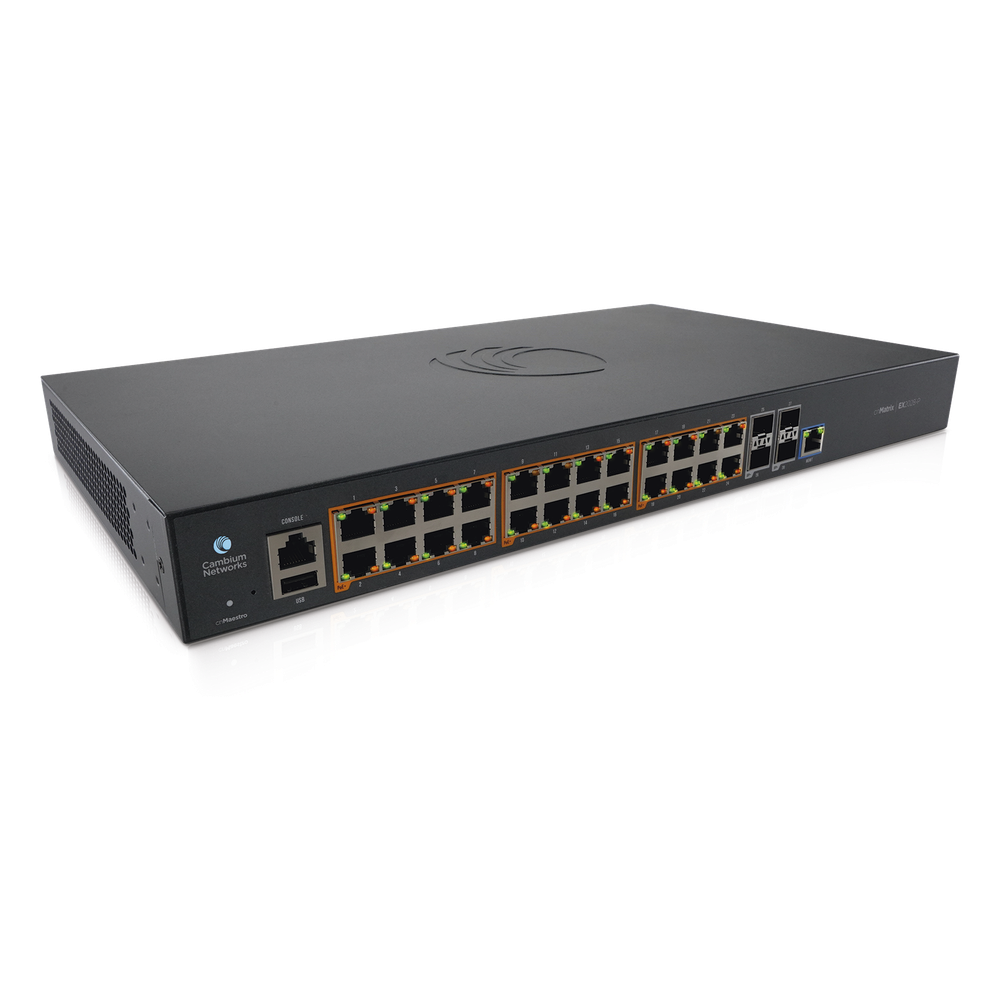 Switch cnMatrix EX2028-P capa 3 de 28 puertos (24 PoE Gigabit 802.3af/at, 4 SFP+) administración desde la Nube (MX-EX2028PxB-U)