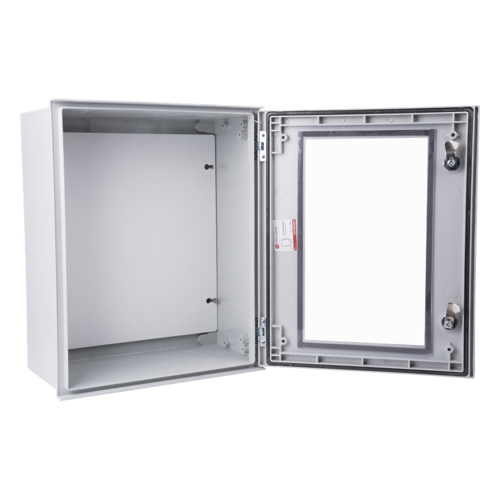Gabinete de Poliéster IP65 Puerta Transparente, Uso en Intemperie (400 x 500 x 200 mm) con Placa Trasera Interior de Plástico (Incluye Chapa y Llave).
