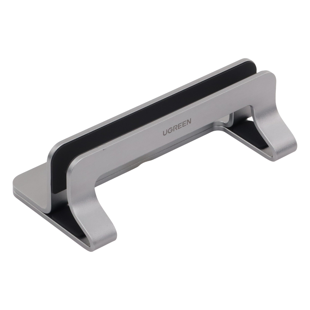 Soporte Vertical para Laptop / Adecuado para escritorio / Anchura Ajustable (12-26mm) / Amplia compatibilidad / Anti-Arañazos / Anti-Deslizante /Ajustable Mediante Tornillos / Color Plata / Aluminio + Silicona