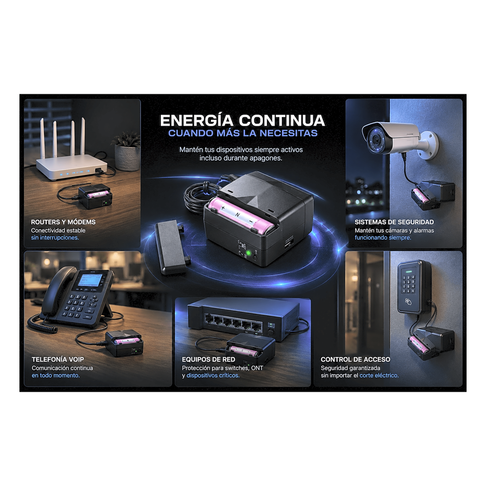 UPS de CD 25 W / Entrada 120 Vca / Salida 12 Vcd / Clavija NEMA 5-15P de entrada / Batería de Litio