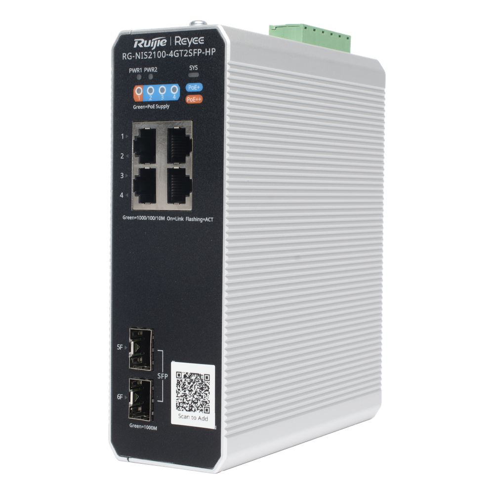 Switch Industrial PoE+ hasta 180 watts , Ideal para temperaturas Extremas y protección contra descargas, 1 puerto PoE++ 60W y 3 puertos PoE+ 30W, 2 SFP Uplink