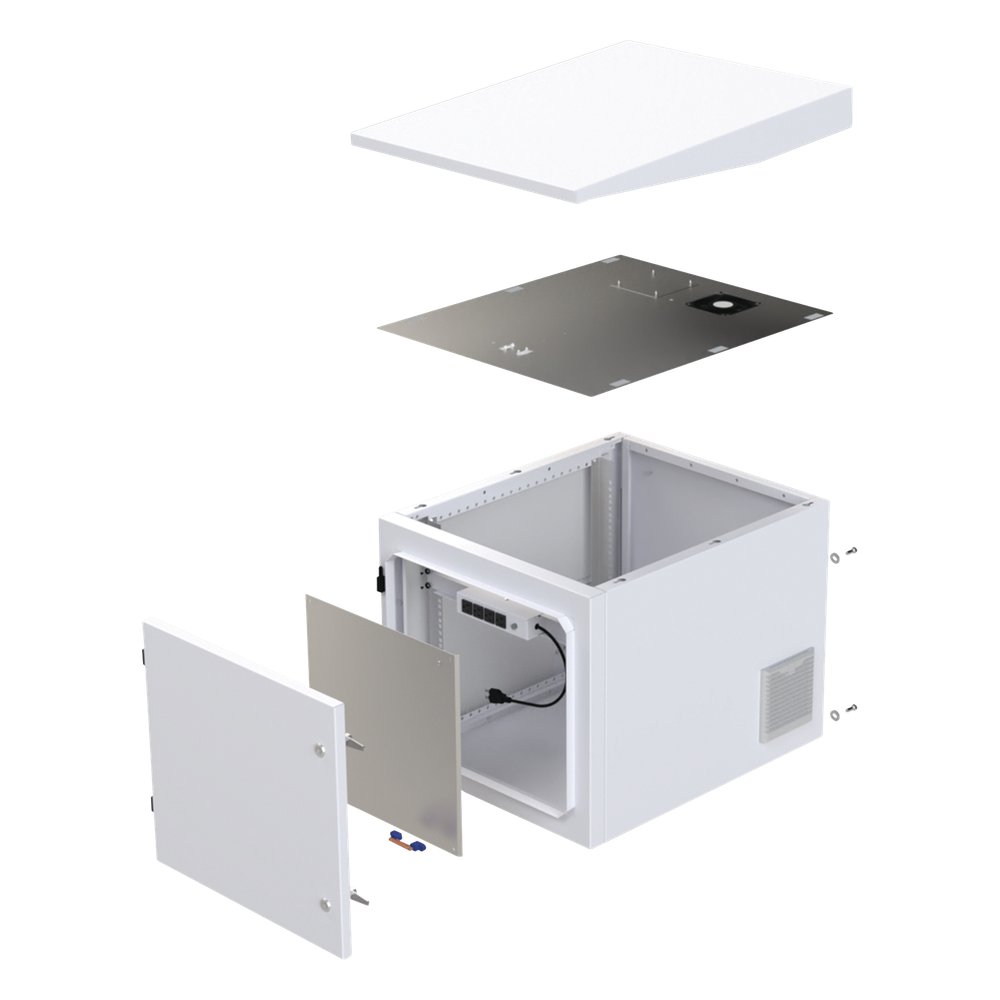 Gabinete PROFUNDO hasta 705 mm  de profundidad, de Exterior de 9UR con Ventiladores y Termostato, Se envía el Gabinete Armado, (Montaje a poste o torre se vende por separado).