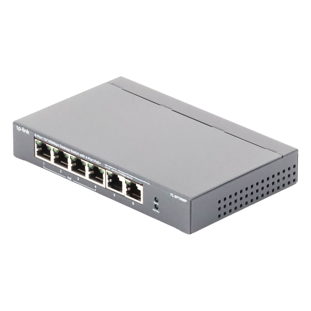 Switch PoE no Administrable de escritorio / 6 puertos 10/100 Mbps / 4 puertos PoE af/at / Presupuesto 67 W / Modo Extensor hasta 250 m / Calidad video prioritaria