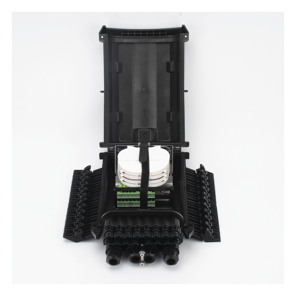 Caja de Distribución de Fibra Óptica para 24 Empalmes con 16 Acopladores SC/APC. Enterrado Directo, IP68, Splitter 1x16 Incluido con Conectores SC/APC