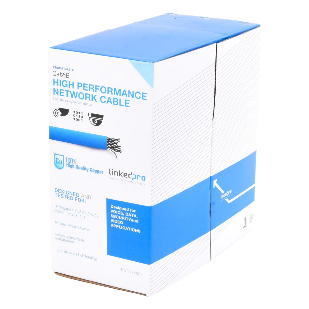 Bobina de Cable de 305 Metros (1000 Pies) Cat6, CM, 24 AWG, Alto Rendimiento, ETL, UL, Color Azul, Super Flexible, para Aplicaciones de Videovigilancia, Video HD, y Redes de Datos. Uso Interior