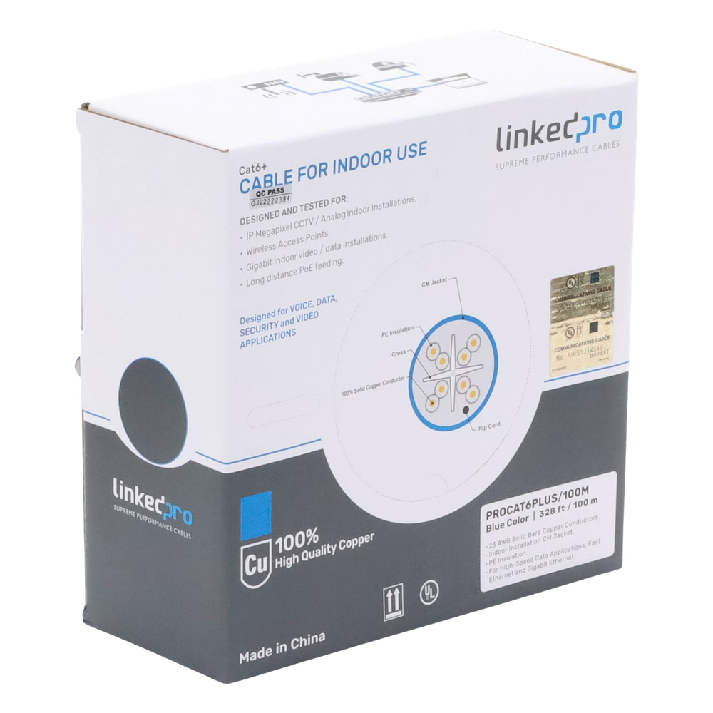 Cable Cat6+ Calibre 23 Alto Rendimiento, ETL, UL, Color Azul, de 100 Metros (328.08 Pies), Super Flexible, para Aplicaciones de CCTV, Video HD, y Redes de Datos.