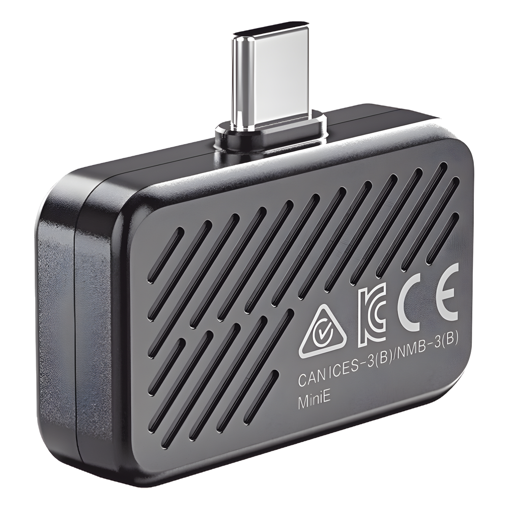 MiniE - Cámara Termográfica para Smartphone / Resolución IR 96 x 96 (9,216 píxeles) / SuperIR / Rango de -20°C a 400°C / Precisión ±2°C o ±2% / Compatible iOS y Android / Paleta Personalizable