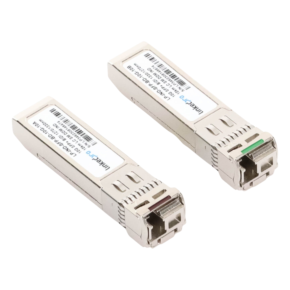 Transceptores Ópticos Industriales Bidireccionales SFP+ (Mini-Gbic) / Monomodo 1270 & 1330 nm / 10 Gbps / 10GBASE / Conector LC/UPC Simplex / DDM / Hasta 10 km / 2 Piezas