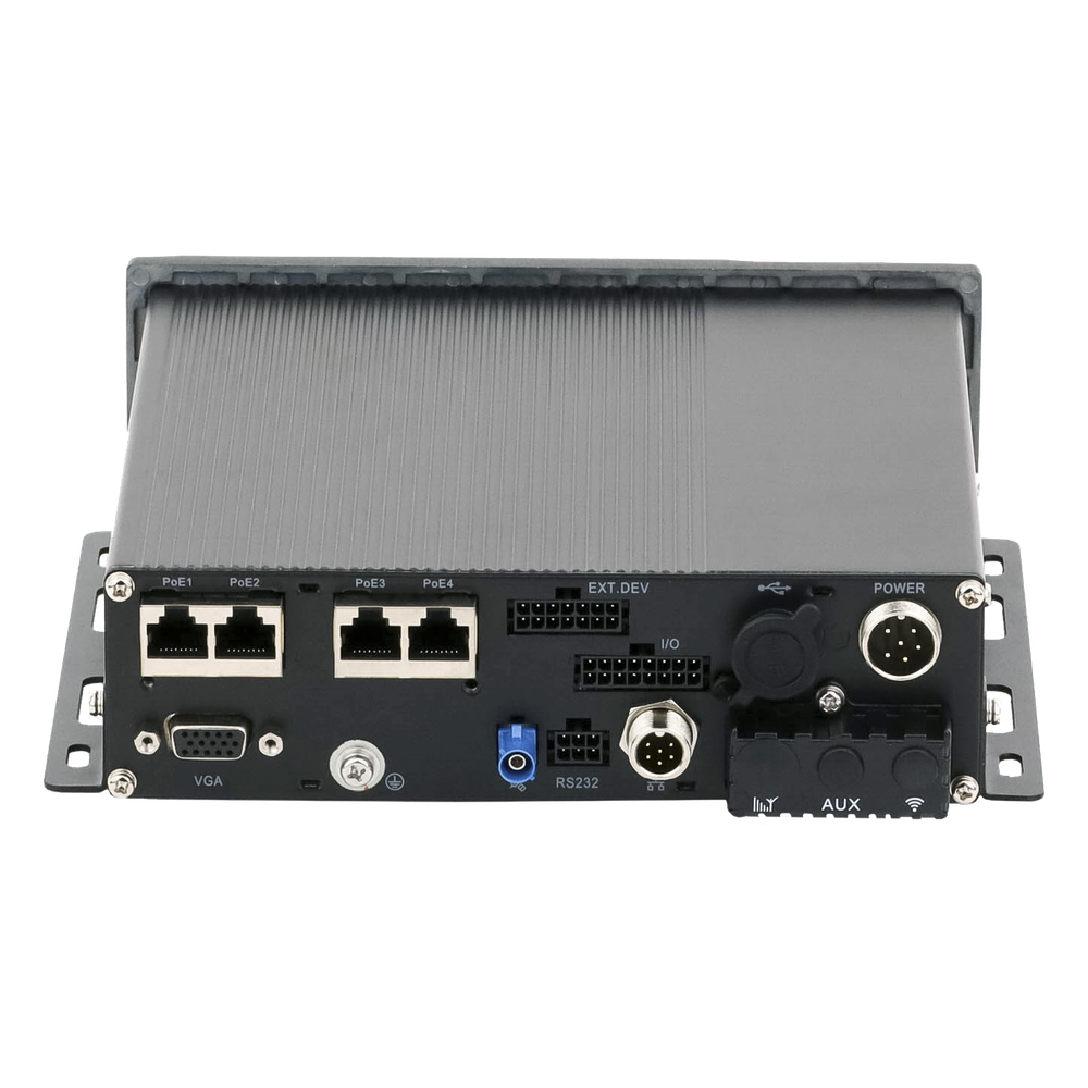 NVR Móvil Vehicular de 8 Canales / 4 PoE + 4 vía Switch / 2 Megapixel / H.265 / GPS + Sensor G / 2 Bahías HDD / RJ45 / Aluminio Industrial