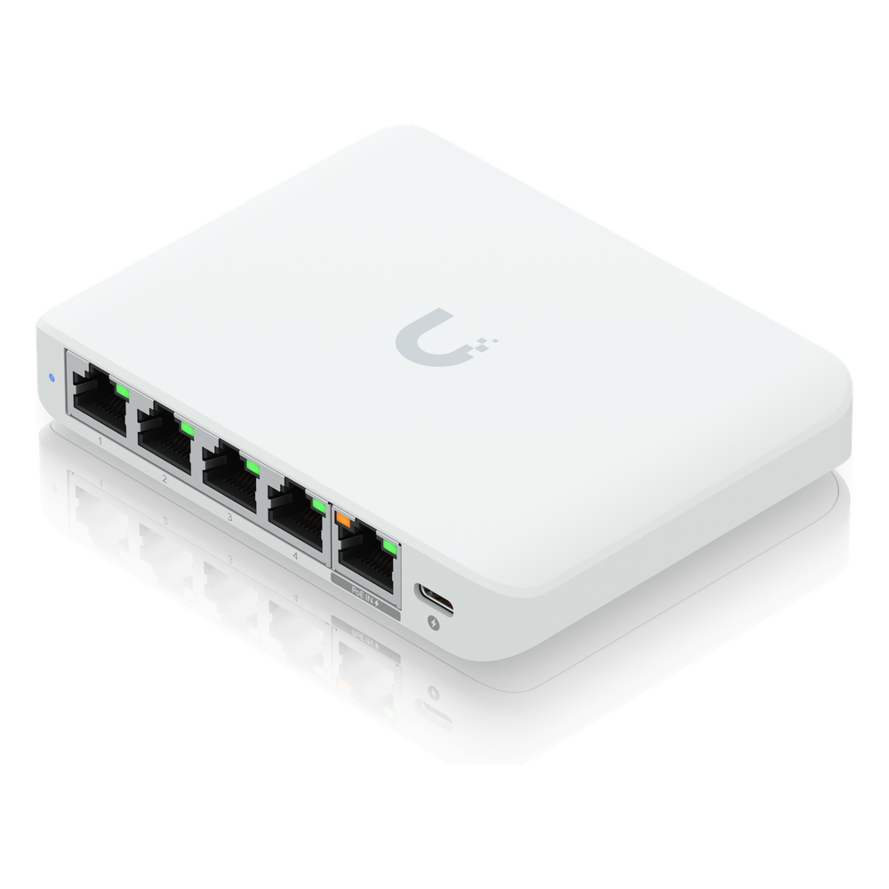 USW Flex Mini 2.5G Switch de 5 puertos 2.5G, Compacto, para Escritorio, se puede Energizar por PoE o con un Adaptador tipo USB-C