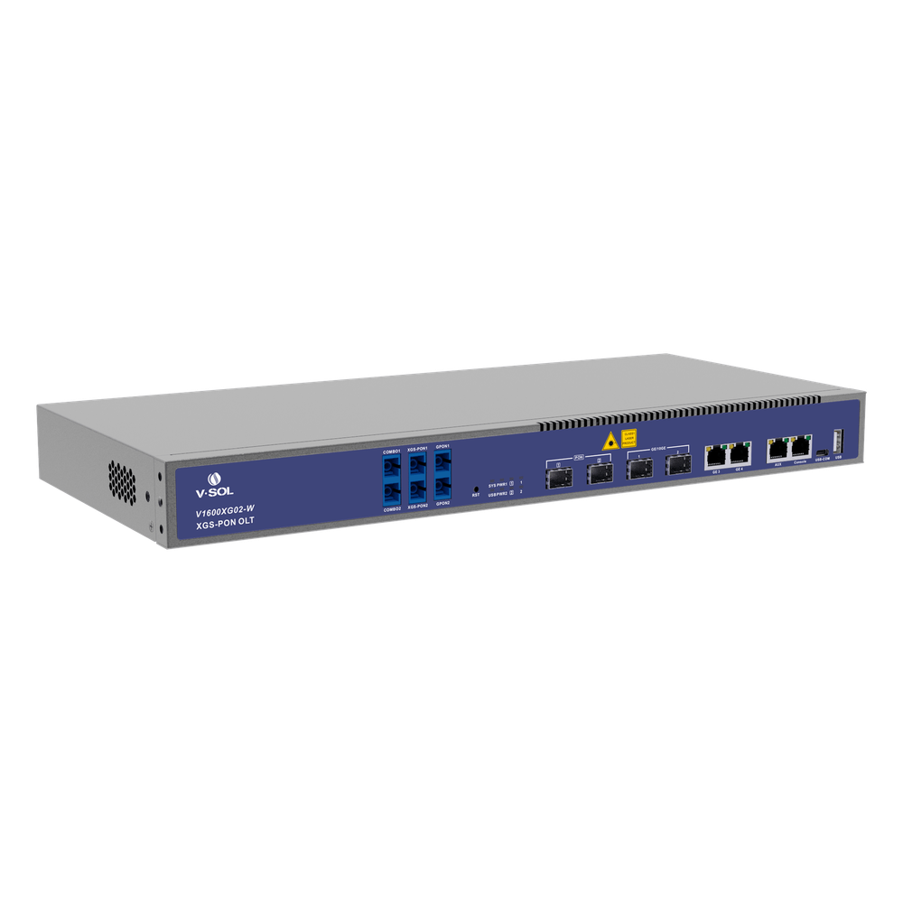 OLT Dual de 2 Puertos XGSPON/GPON con WDM Integrado/ 4 Puertos Uplink (2 Puerto Gigabit RJ45 + 2 Puertos SFP/SFP+) / Hasta 512 ONUs