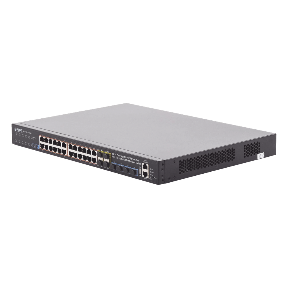 Switch Administrable Stacking Capa 3, 24 Puertos PoE 802.3af/at 10/100/1000T, Hasta 370 W,  4 Puertos 10G SFP+