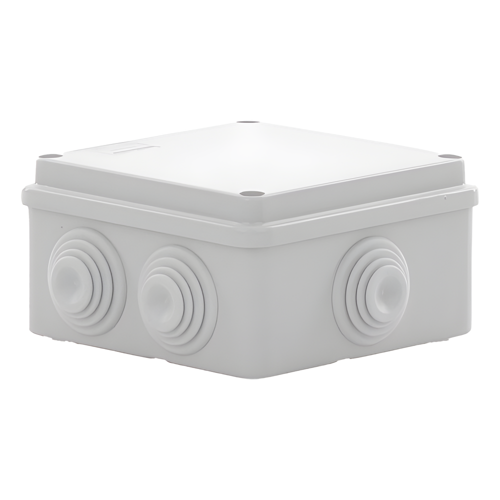 Caja Estanca de PVC Para Derivación y Conexión, 6 Entradas, Tapa Atornillada,100x100x50 mm (Área Interna), Uso Exterior IP55, Material que no Propaga el Fuego y Libre de Hálogenos