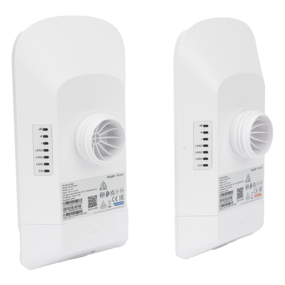 Kit Punto a Punto Ruijie RG-EST350G / Wi-Fi 5 (802.11ac Wave2) 867 Mbps / Antena 16 dBi MIMO 2x2 MU-MIMO / 3 Puertos Gigabit / Alcance 5 km (16,404 ft) / IP55 / Administración Cloud