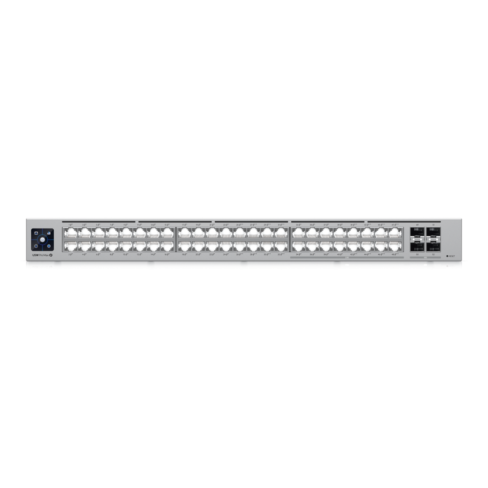 UniFi Switch Pro Max 48 POE, con funciones capa 3, 48 puertos (16 puertos 2.5 GbE (8 POE++ y 8 POE+) y 32 puertos 1 GbE (24 POE+ y 8 POE++)), 2 puertos SFP+ 10G, POE++ 720W, pantalla informativa