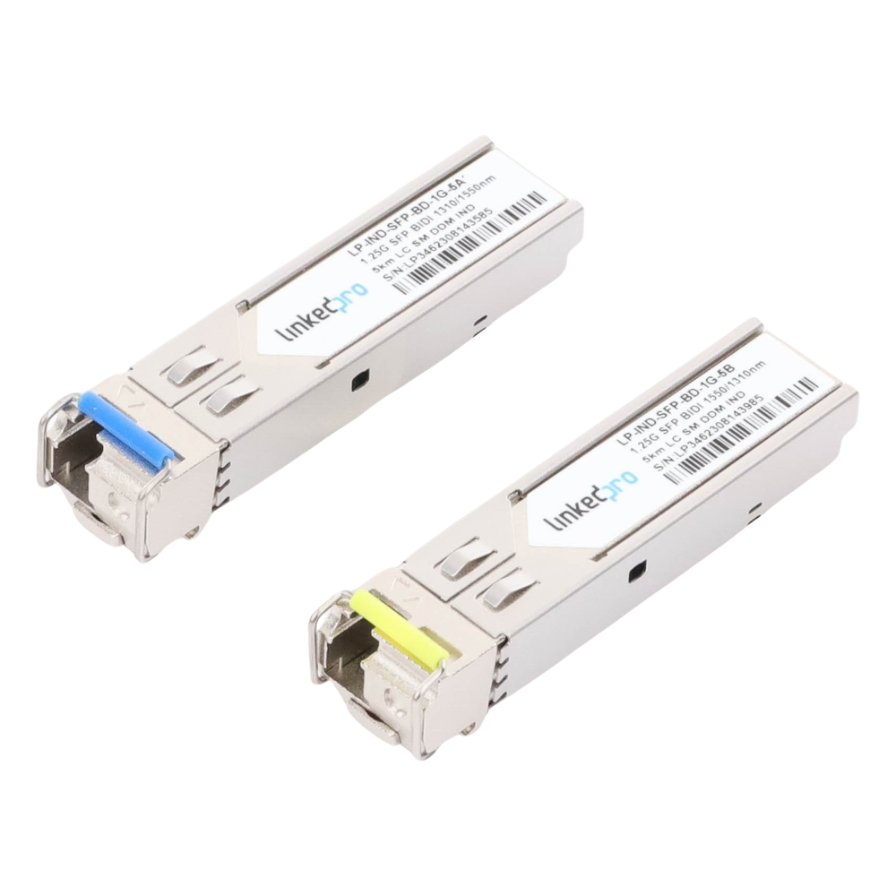 Transceptores Ópticos Industriales Bidireccionales SFP (Mini-Gbic) / Monomodo 1310 & 1550 nm / 1.25 Gbps / 1000BASE-BX / Conector LC/UPC Simplex / DDM / Hasta 5 km / 2 Piezas