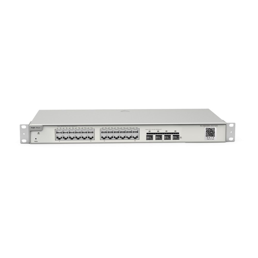 Switch Administrable Capa 2+ Plus, con 24 puertos Gigabit, 4 puertos SFP+ para fibra 10Gb, gestión gratuita desde la nube.