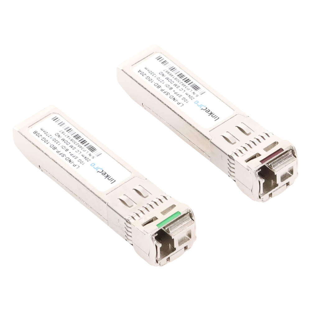 Transceptores Ópticos Industriales Bidireccionales SFP+ (Mini-Gbic) / Monomodo 1270 & 1330 nm / 10 Gbps / 10GBASE / Conector LC/UPC Simplex / DDM / Hasta 20 km / 2 Piezas