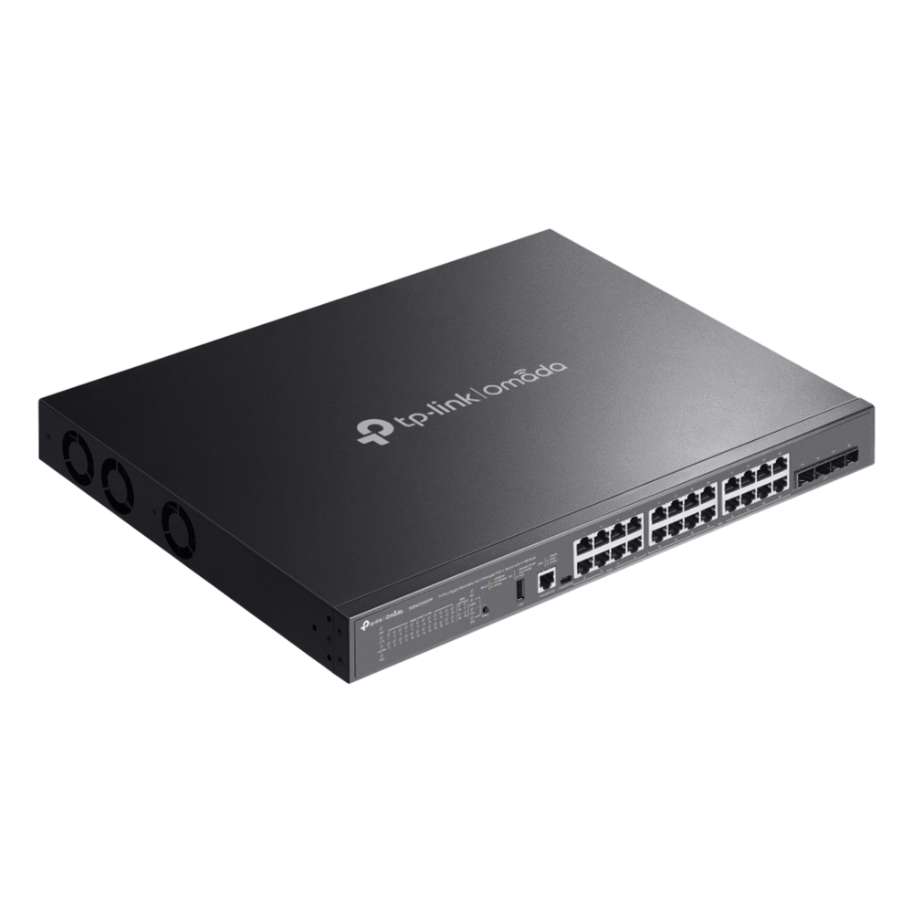 Switch Omada L3 SDN Administrable / 24 puertos PoE af/at Gigabit y 4 puertos SFP+ / Presupuesto PoE 720W / Funciones RIP, VRRP, Servidor DHCP / Administración centralizada OMADA / Fuente Redundante