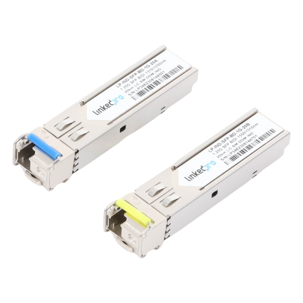 Transceptores Ópticos Industriales Bidireccionales SFP (Mini-Gbic) / Monomodo 1310 & 1550 nm / 1.25 Gbps / 1000BASE-BX / Conector LC/UPC Simplex / DDM / Hasta 20 km / 2 Piezas