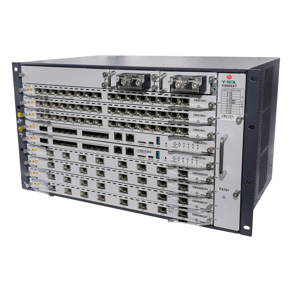 OLT Modular tipo Chasis GPON/XGS-PON Combo, 7 Ranuras de Servicio, Incluye 1 Tarjeta de Servicio de 16 puertos GPON