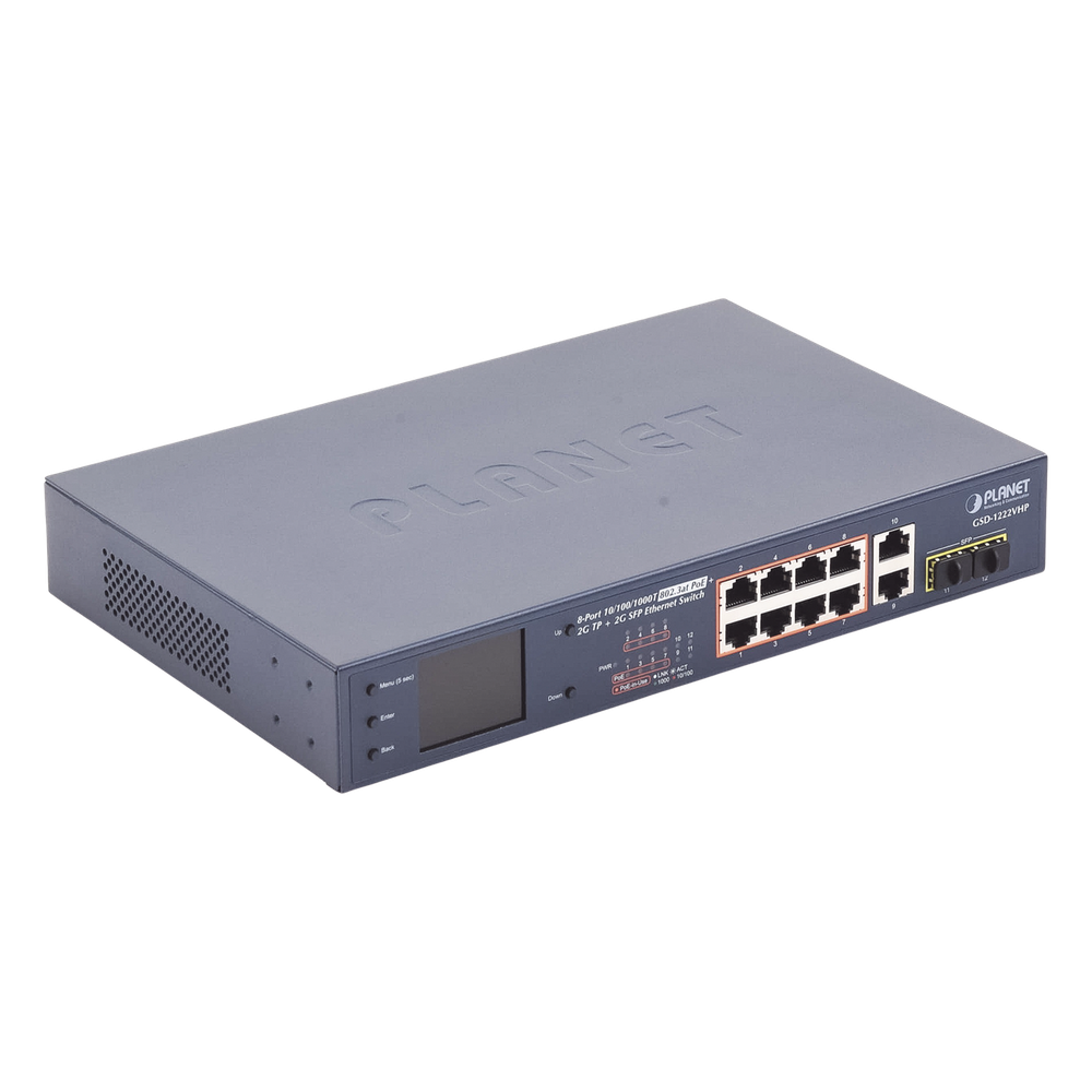 Switch No Administrable 8 Puertos Gigabit con Modo Extender a 250 m,  2 Puertos Uplink 10/100/1000 Mbps, 2 Puertos SFP