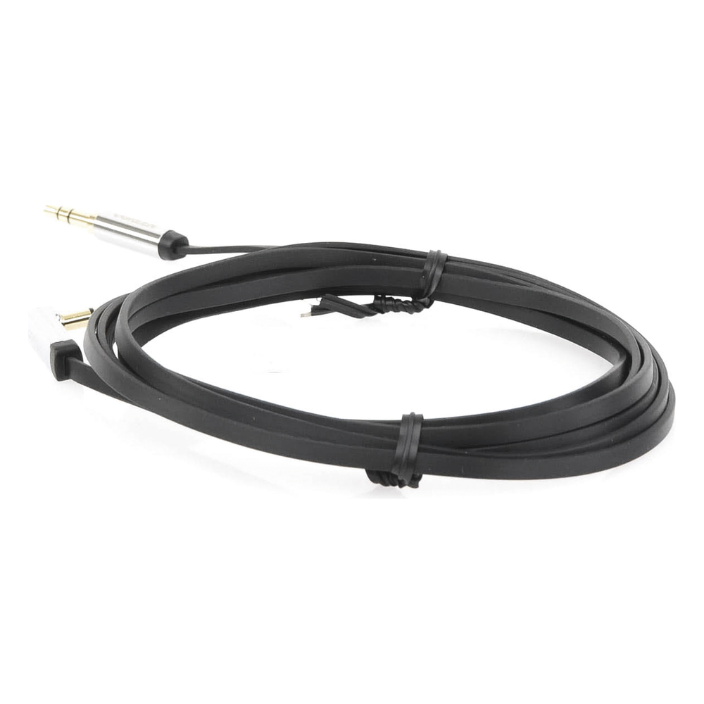 Cable Auxiliar Plano 2 Metros / Conector 3.5mm a 3.5mm / Macho-Macho / Recto a Angulo / Ángulo de 90° en una de sus Puntas / Color Negro